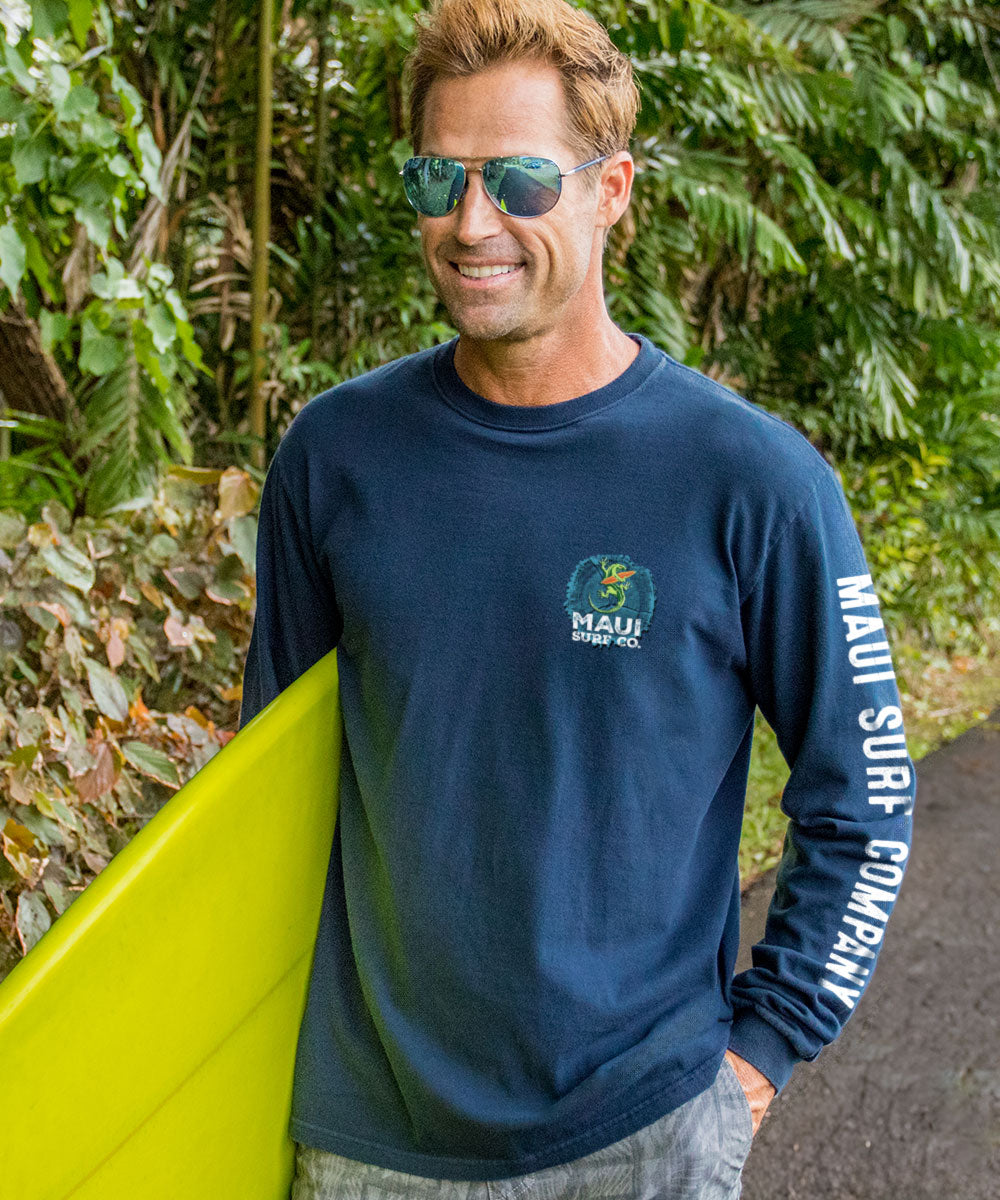 Maui Surf Co. Wood Ring - Navy Long Sleeve Crewneck T-Shirt