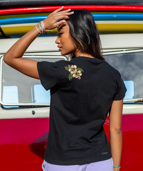 Banded Hibiscus - Black Short Sleeve Crewneck T-Shirt