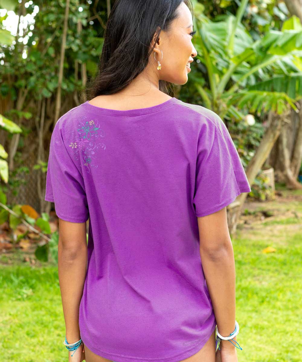 Honu Floral Sketch - Violet Short Sleeve Dolman V-Neck Tee